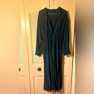 Zara plunge neck dress. Pleated long green-dress.